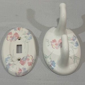 Vintage Porcelain Wall Robe Bath Hook Switch Cover Cottagecore Pink Floral Oval